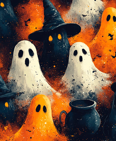 Halloween background with pumpkins, ghosts and witch cauldron.の素材