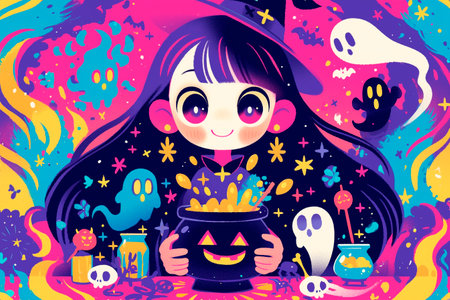 Halloween vector illustration. Cute cartoon girl in witch costume with magic pot full of potion.の素材