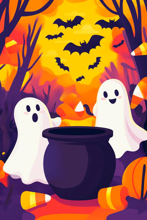Halloween vector illustration with ghost and cauldron on orange background.の素材