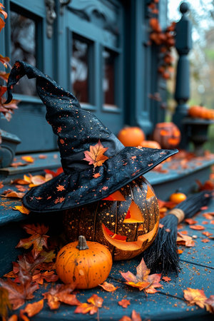 Halloween pumpkins with witch hat on a background of autumn leavesの素材
