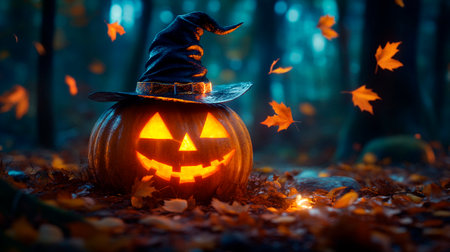 Halloween pumpkin with witch hat in the forest. Selective focusの素材