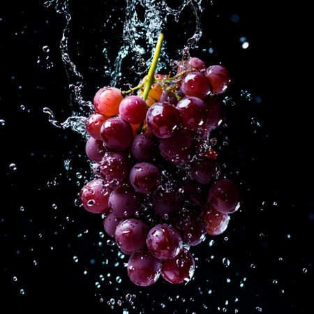 Bunch of red grapes with water splash, isolated on black backgroundの素材