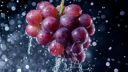 Grapes in water on a dark background. Drops of water.の素材