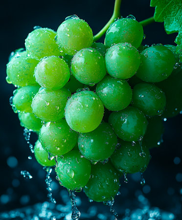 Green grapes with water drops on dark background. Shallow dof.の素材