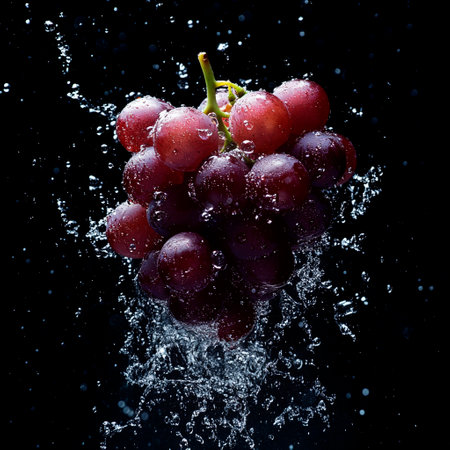 Grapes with water splash on black background. Fresh fruit.の素材