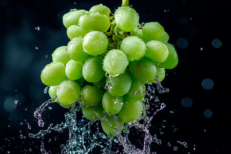 Green grapes with water splash, isolated on black background. Studio shot.の素材