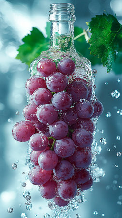 Grapes with water splash on blue bokeh background.の素材