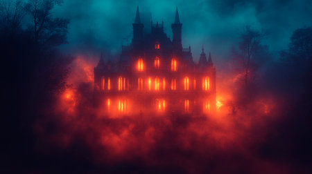 Halloween haunted castle in fog. 3d render illustration, tonedの素材