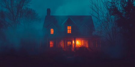 Abandoned house in a foggy night, 3D renderingの素材