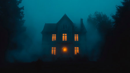 Abandoned haunted house in the fog at night. Halloween conceptの素材