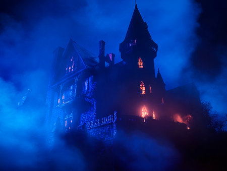 Castle in the fog at night. Halloween concept. Selective focusの素材