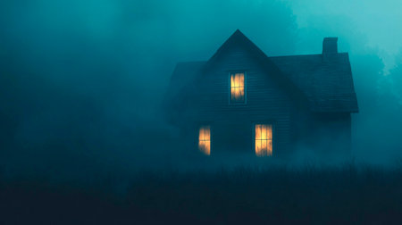 Old wooden house in a foggy forest at night. Halloween backgroundの素材