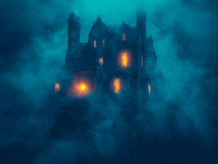Mysterious spooky dark castle in the fog. Halloween backgroundの素材