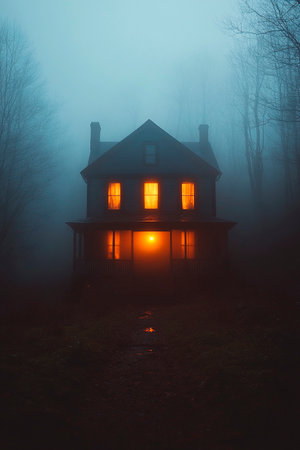 Old house in a foggy dark forest at night. Halloween concept.の素材