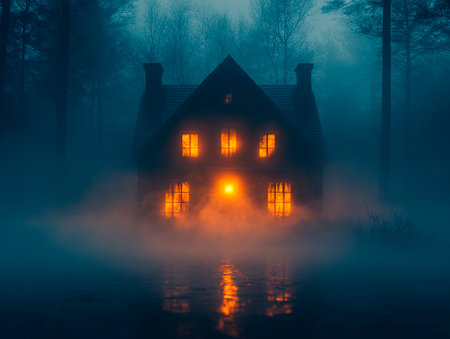 Foggy house on the lake at night. Halloween concept.の素材