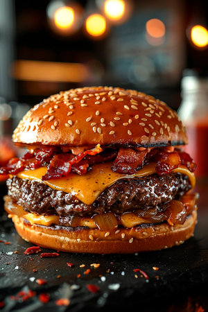 Tasty hamburger with bacon, cheese and onion on black backgroundの素材