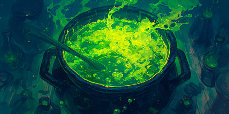 Green magic potion in a cauldron on a green background.の素材