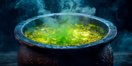 Witch's cauldron with green potion and smoke on dark backgroundの素材