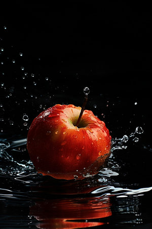 Red apple falling into water with a splash on a black background.の素材