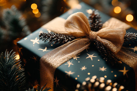 Gift box with golden bow on blurred christmas tree background.の素材
