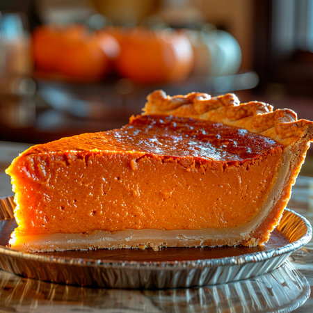 Piece of pumpkin pie on a plate. Selective focus.の素材