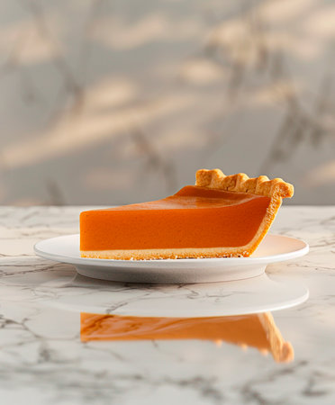 Slice of pumpkin pie on white plate on white marble table.の素材