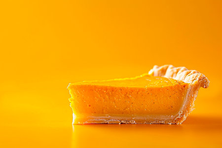 piece of cheese cake on a yellow background, closeup, horizontalの素材