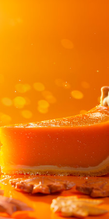 Slice of orange cheesecake with splashes on orange background.の素材