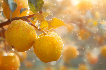 Ripe apples on apple tree branch in orchard with drops of waterの素材