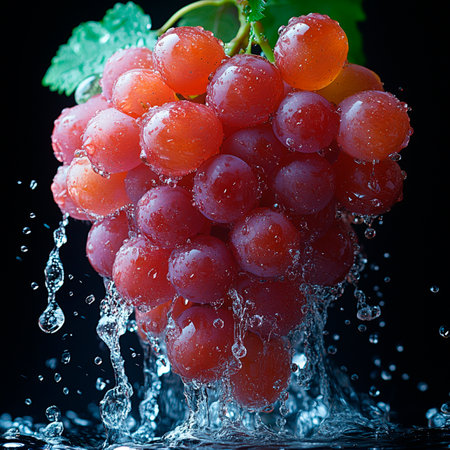 Fresh bunch of grapes with water splash on black background, close upの素材