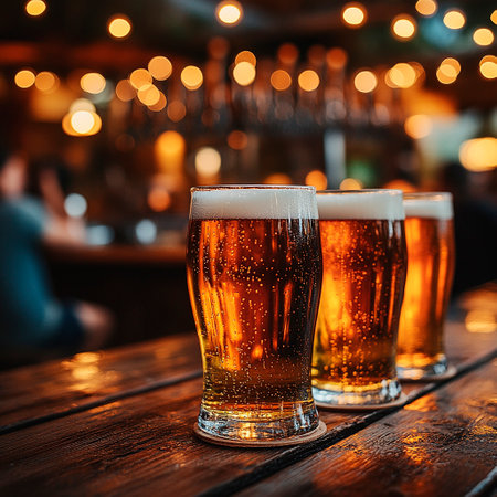 Two glasses of beer on the table in a pub. Bokeh backgroundの素材