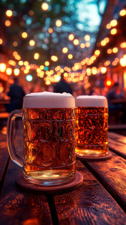 Two mugs of beer on a wooden table in a pub.の素材