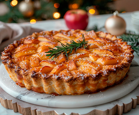 Peach tart with rosemary on the background of the Christmas treeの素材