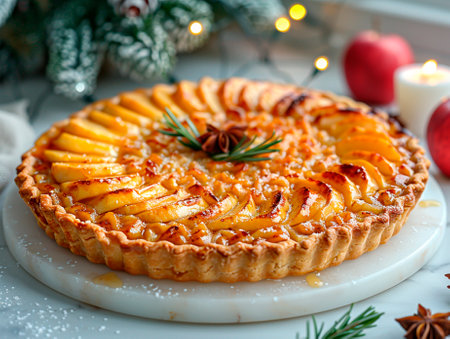 Christmas apple tart with cinnamon and rosemary on a white background.の素材