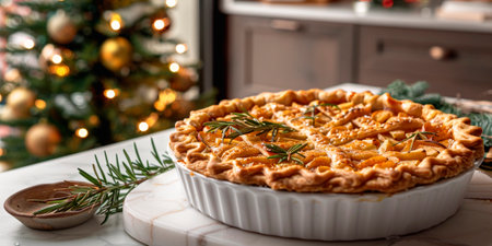 Traditional apple pie with rosemary on a white marble board with Christmas tree in the backgroundの素材