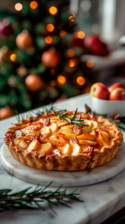 Apple tart with rosemary on white marble table with christmas tree in backgroundの素材