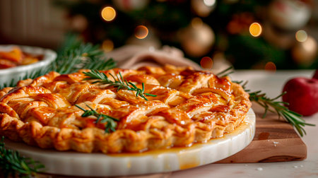 Traditional apple pie with caramelized apples on the background of a Christmas treeの素材
