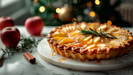 Homemade apple tart with cinnamon and rosemary on white marble tableの素材
