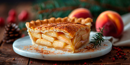 Traditional American apple pie with caramelized apples on a wooden background.の素材