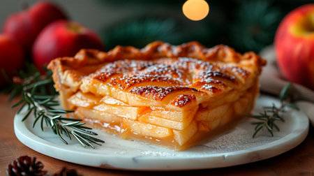 Traditional apple pie with cinnamon and sugar on a wooden table with Christmas decorationsの素材