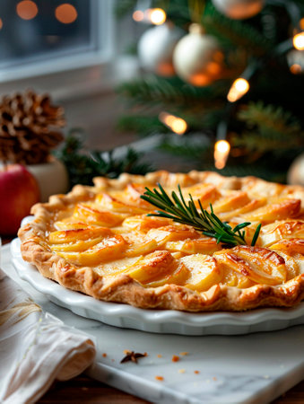 Apple tart with rosemary on the background of the Christmas tree.の素材