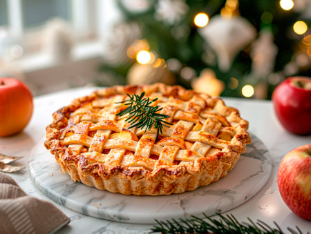 Apple pie on a white marble board with Christmas tree in the backgroundの素材