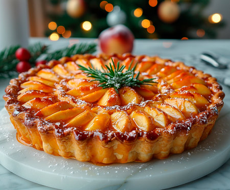 Christmas apple tart on a white marble table with a Christmas tree in the backgroundの素材