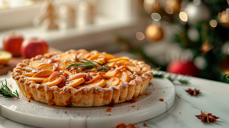 Tart with apricot and rosemary on a white marble tableの素材