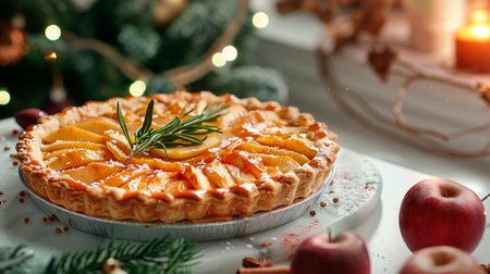 Christmas apple pie with cinnamon and rosemary on a white table.の素材