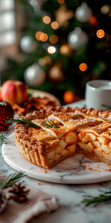 Traditional apple pie with caramel on white plate with Christmas tree and decorations on backgroundの素材