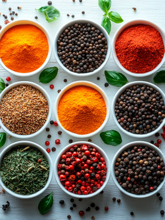 Spices and herbs in bowls on white wooden background. Top view.の素材