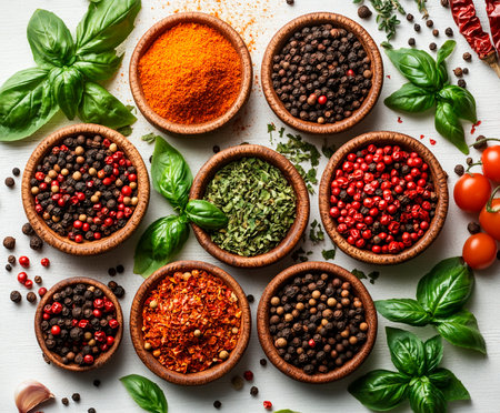 Spices and herbs in wooden bowls on white background. Top view.の素材