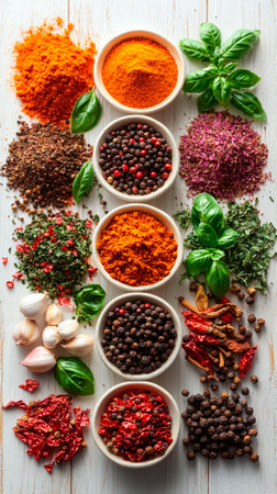 Spices and herbs on white wooden background. Food and cuisine ingredients.の素材
