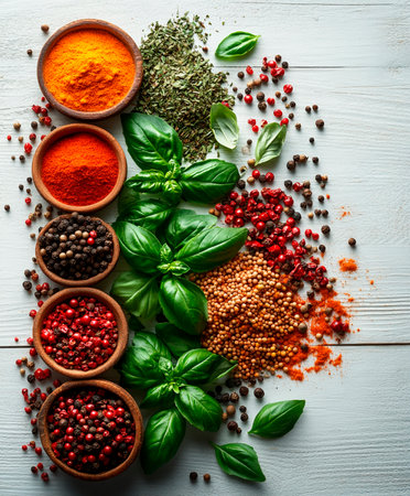 Spices and herbs in wooden bowls on wooden table. Food backgroundの素材